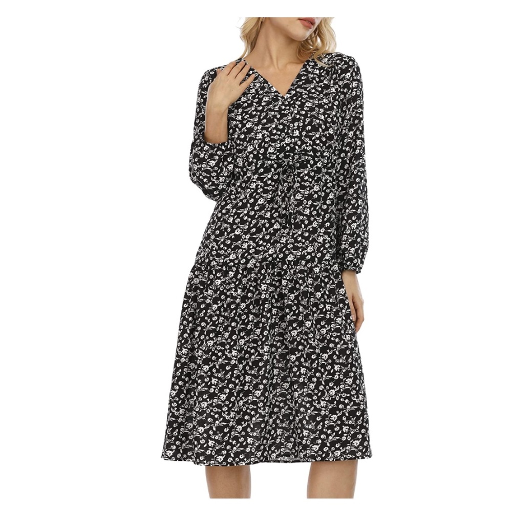 Women's Floral Print V Neck A-line Midi Loose Dress with Drawstring Size 16-18